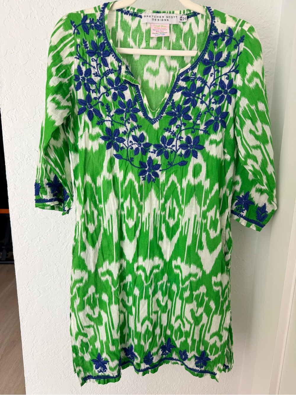 Gretchen Scott Green & White Dori Ikat Tunic with Blue Floral Embroidery